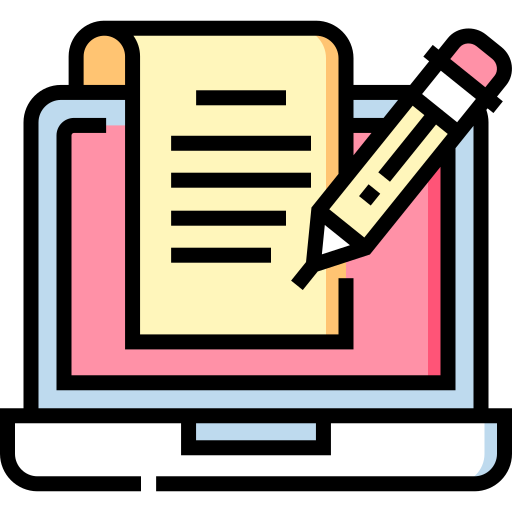 Animated picture of a computer screen with a notepad with writing sitting overtop